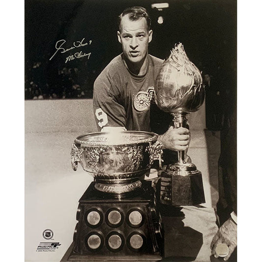 Gordie Howe® Autographed 16X20 Photo (w/Hart & Art Ross Trophies)