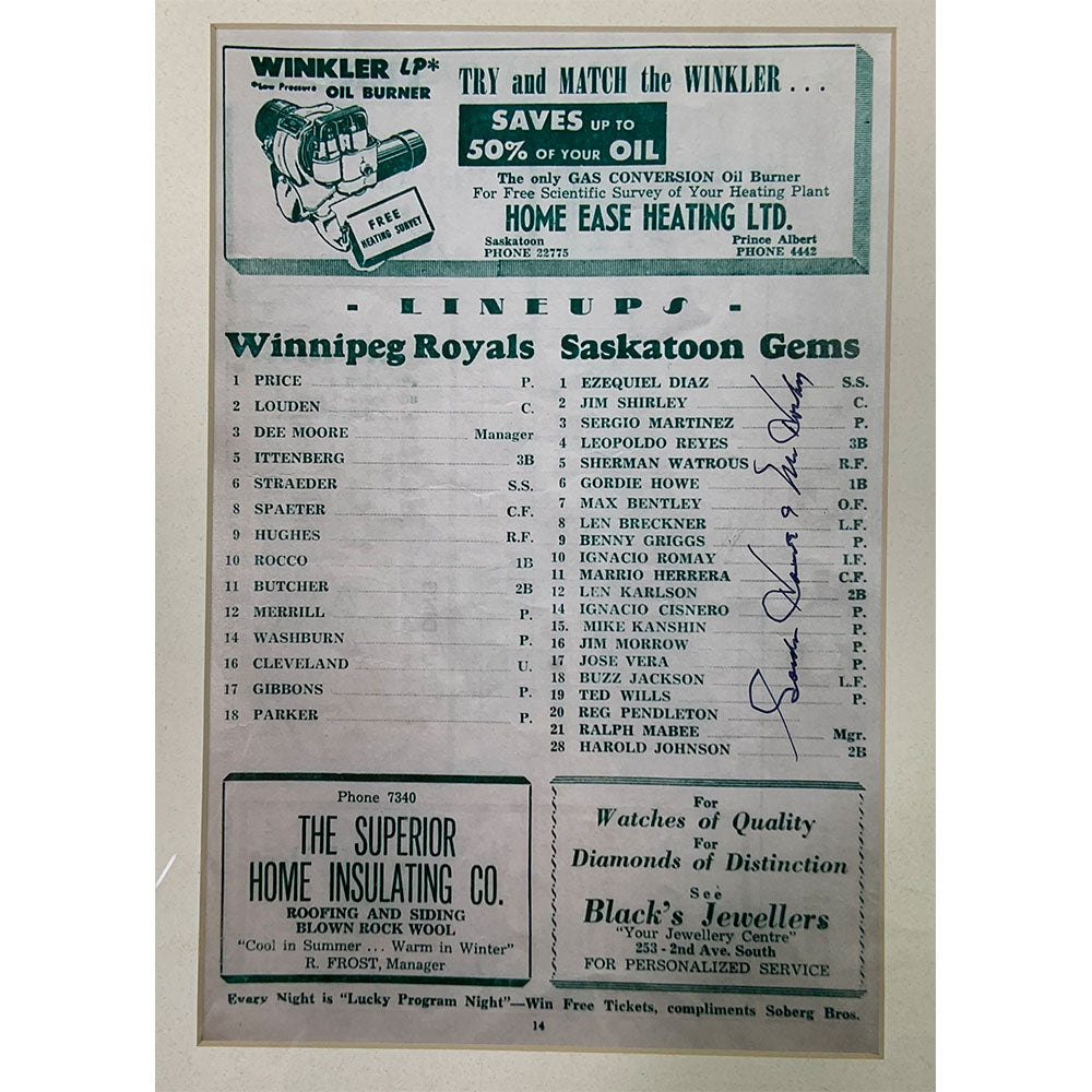 Gordie Howe® Autographed 1953 Saskatoon Gems Framed Program