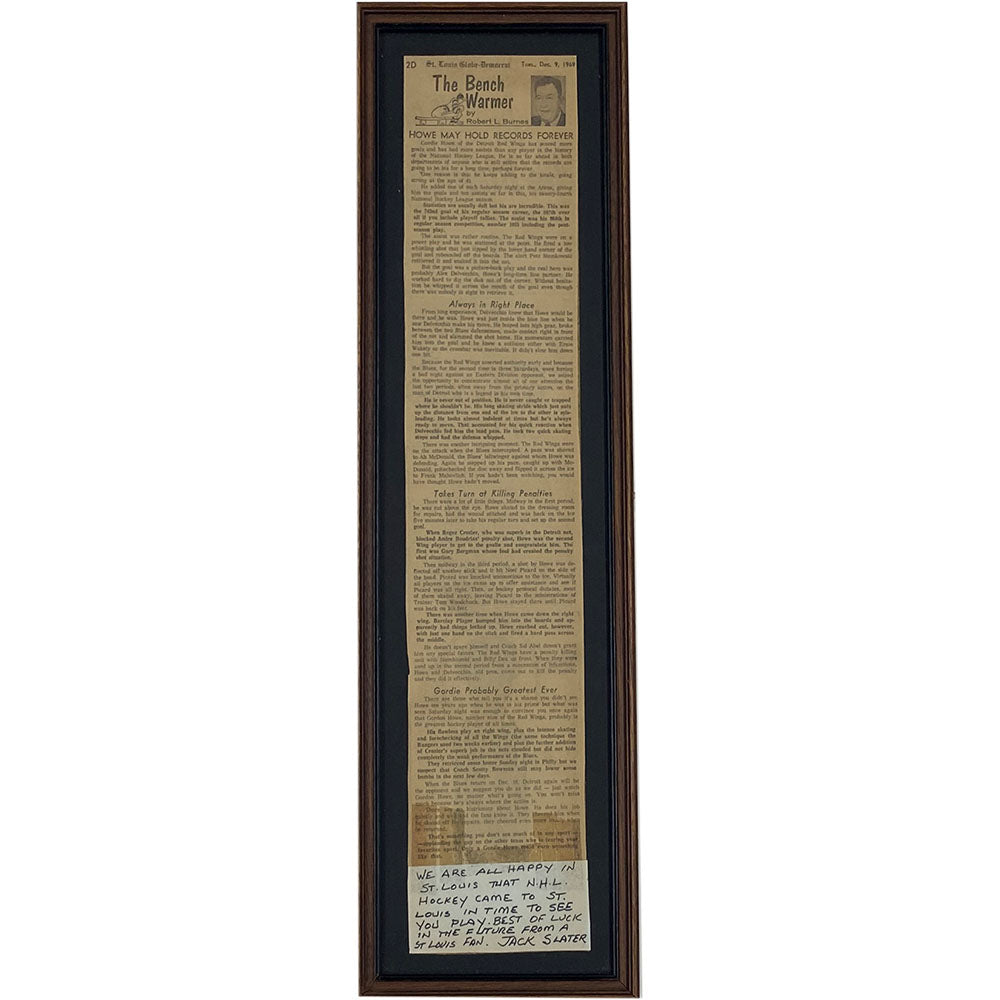 Gordie Howe® St. Louis Newspaper Framed Article - Gift from Fan