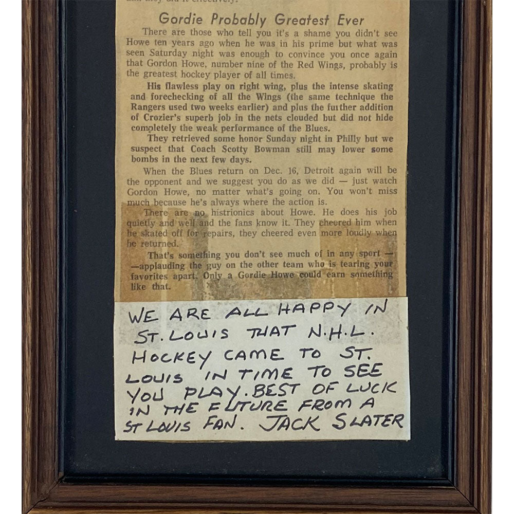 Gordie Howe® St. Louis Newspaper Framed Article - Gift from Fan