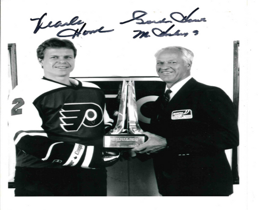 Mark Howe & Gordie Howe® Autographed 8X10 Photo (B+W) ( Emery Edge Award)