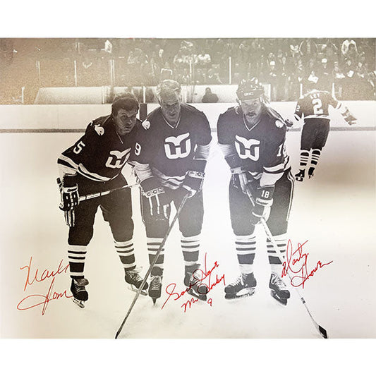Gordie Howe®, Marty and Mark Howe Autographed Hartford Whalers 8X10 Photo