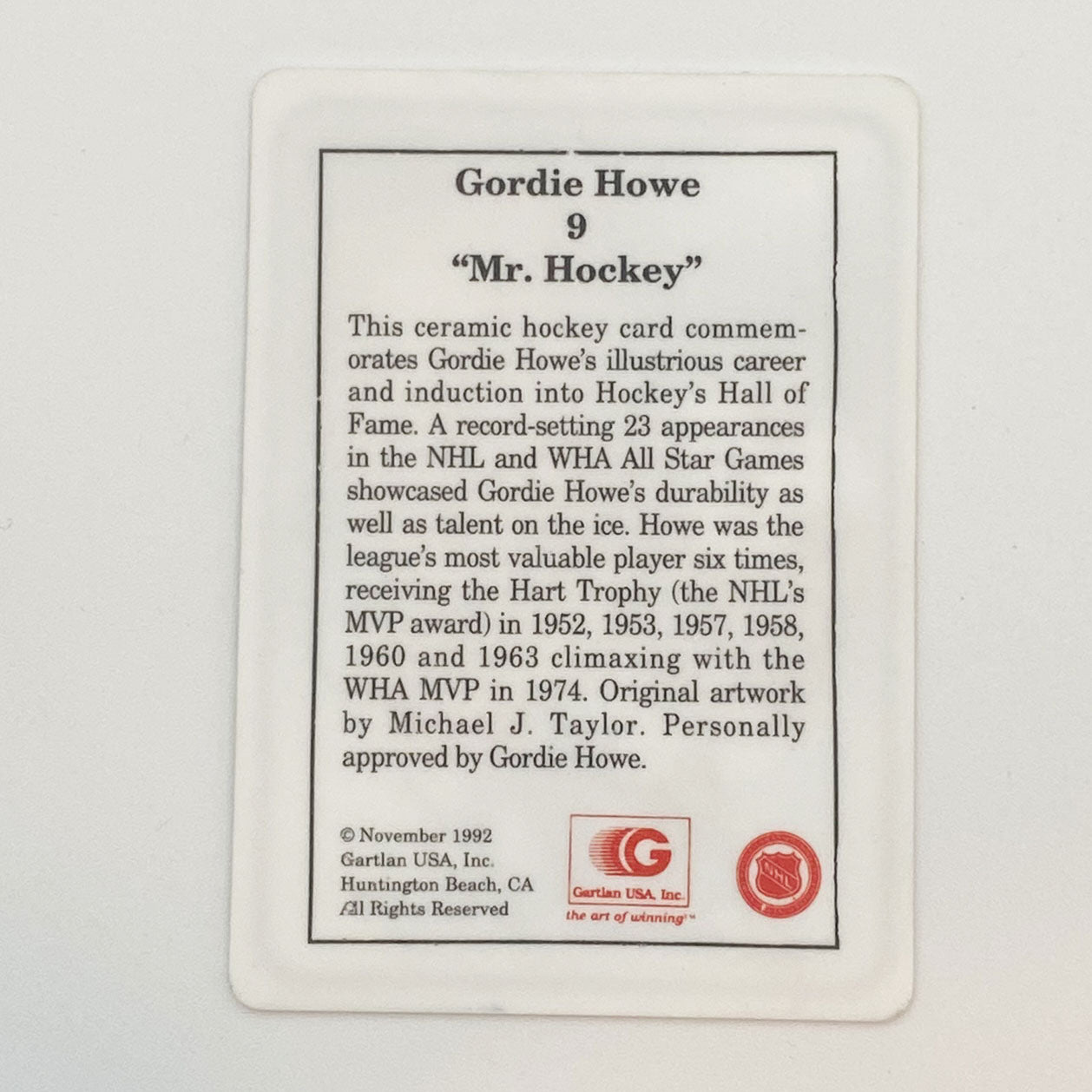 Gordie Howe® Autographed Gartlan Ceramic Card