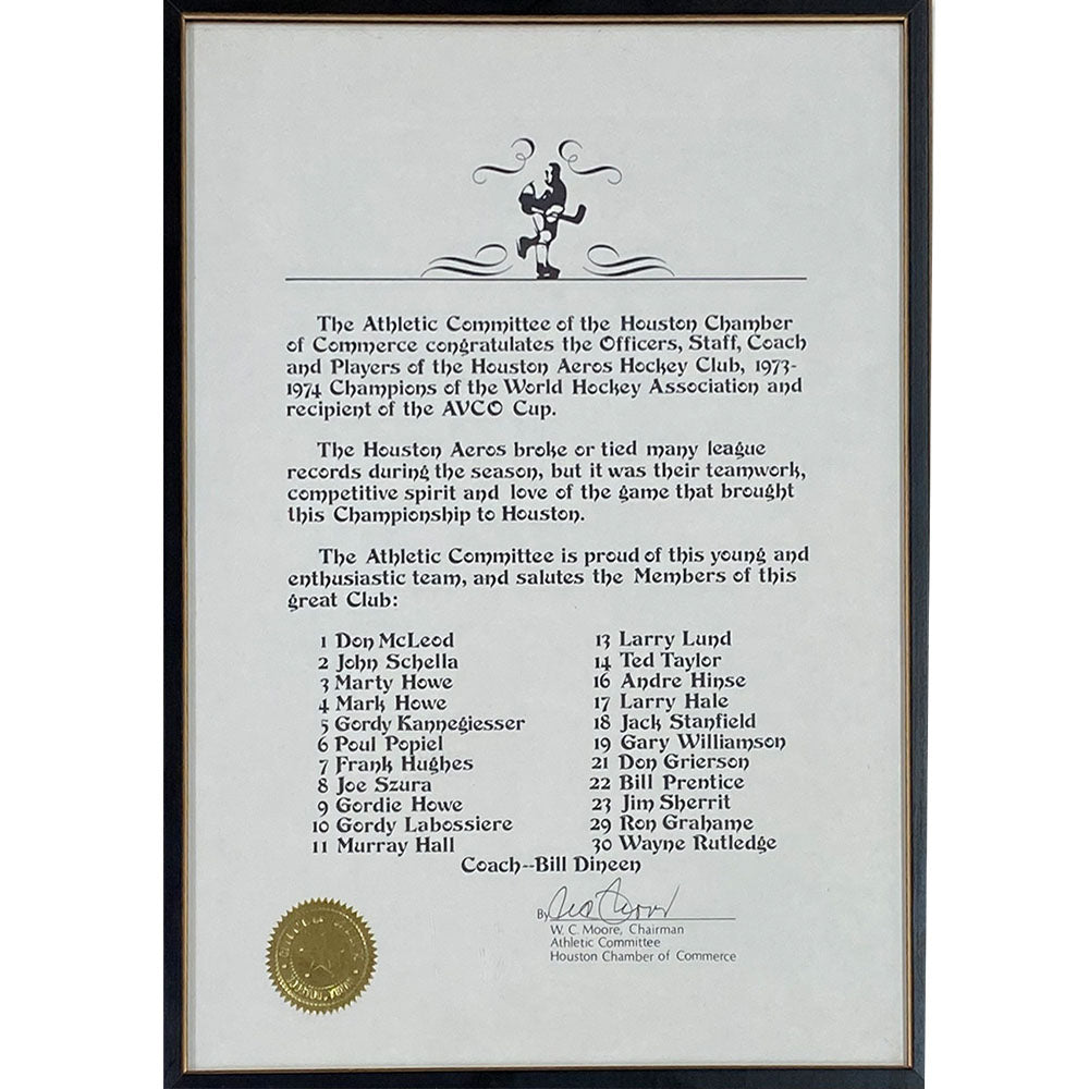 Houston Aeros Framed Certificate of Achievement